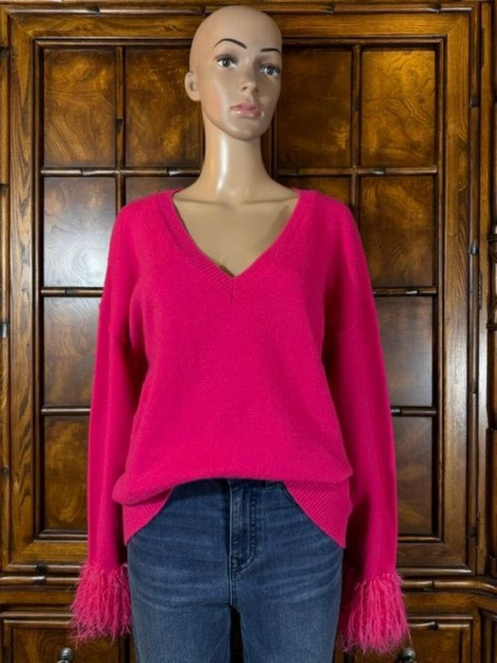 Shein Hot Pink Faux Feather Fringe Sleeve V-neck Sweater